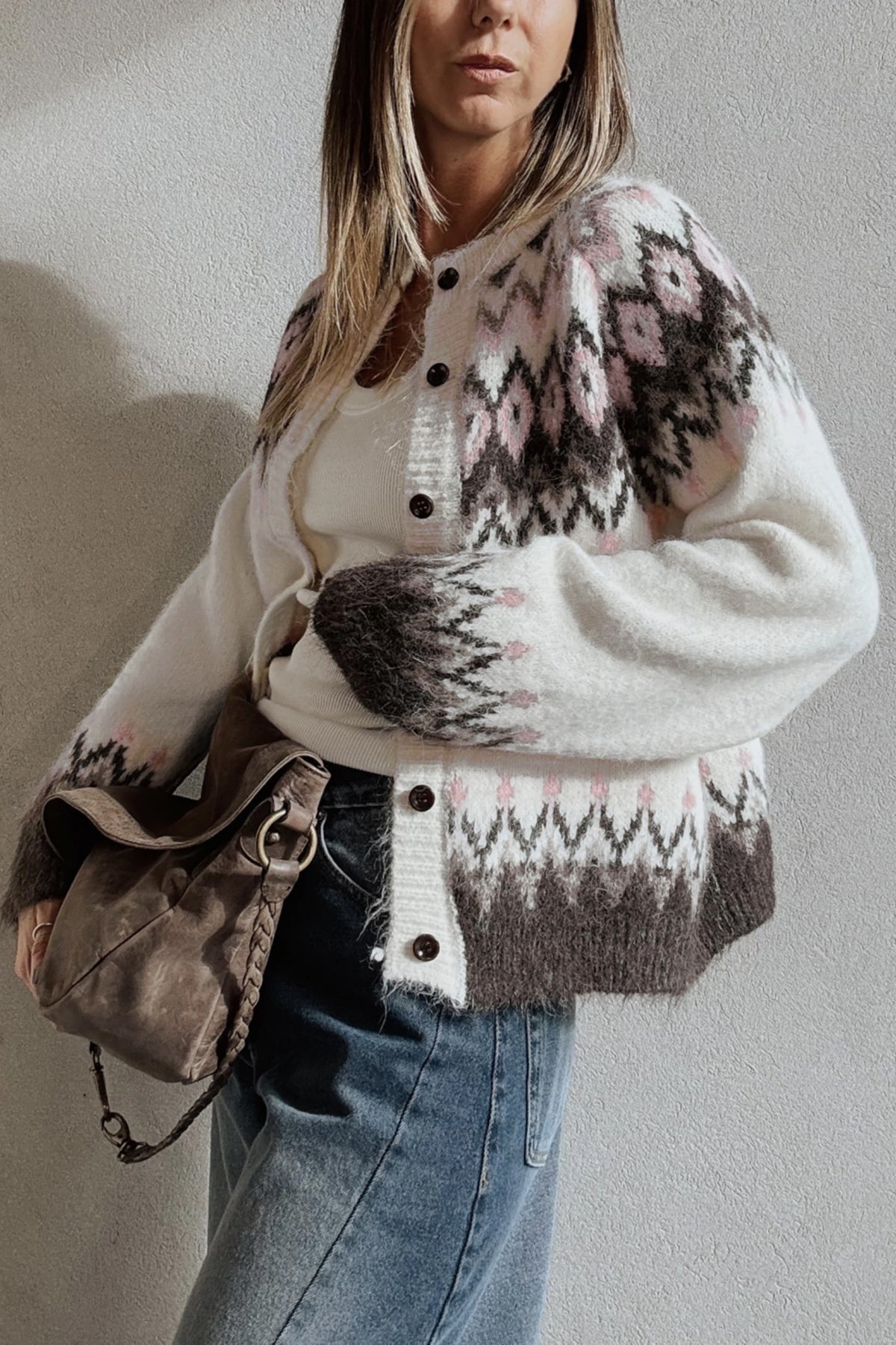 White Geometric Pattern Brushed Knit Button Cardigan 🇺🇸