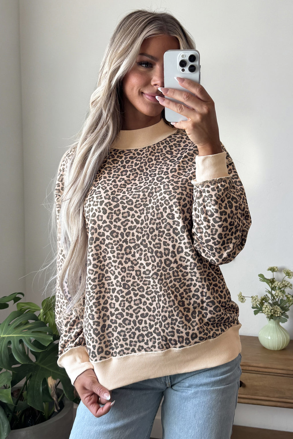 Multicolour Leopard Print High Neck Long Sleeve Ribbed Cuffs Hem Sweatshirt 🇺🇸