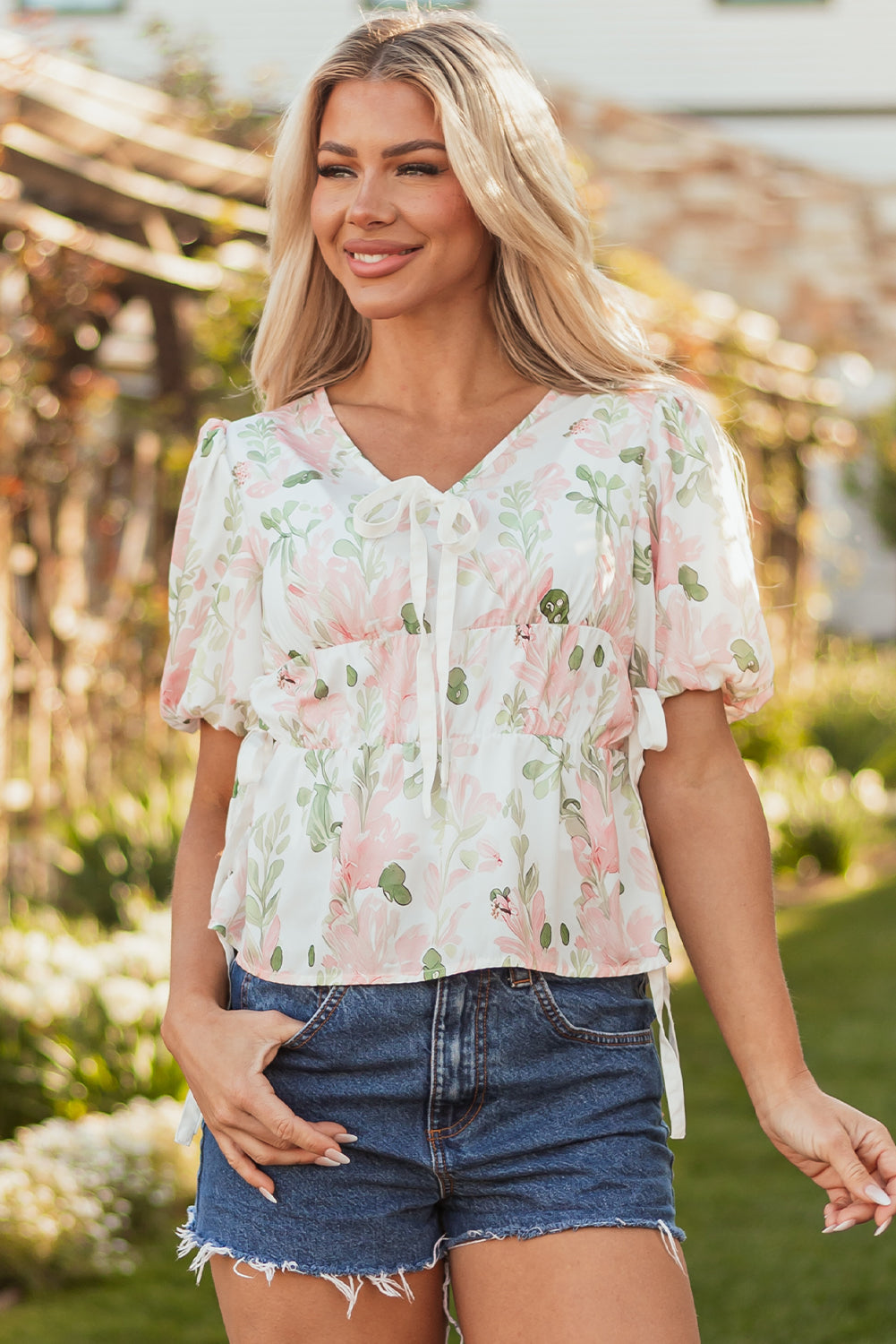 Pink Floral Puff Sleeve V Neck Tied Front Peplum Blouse 🇨🇳