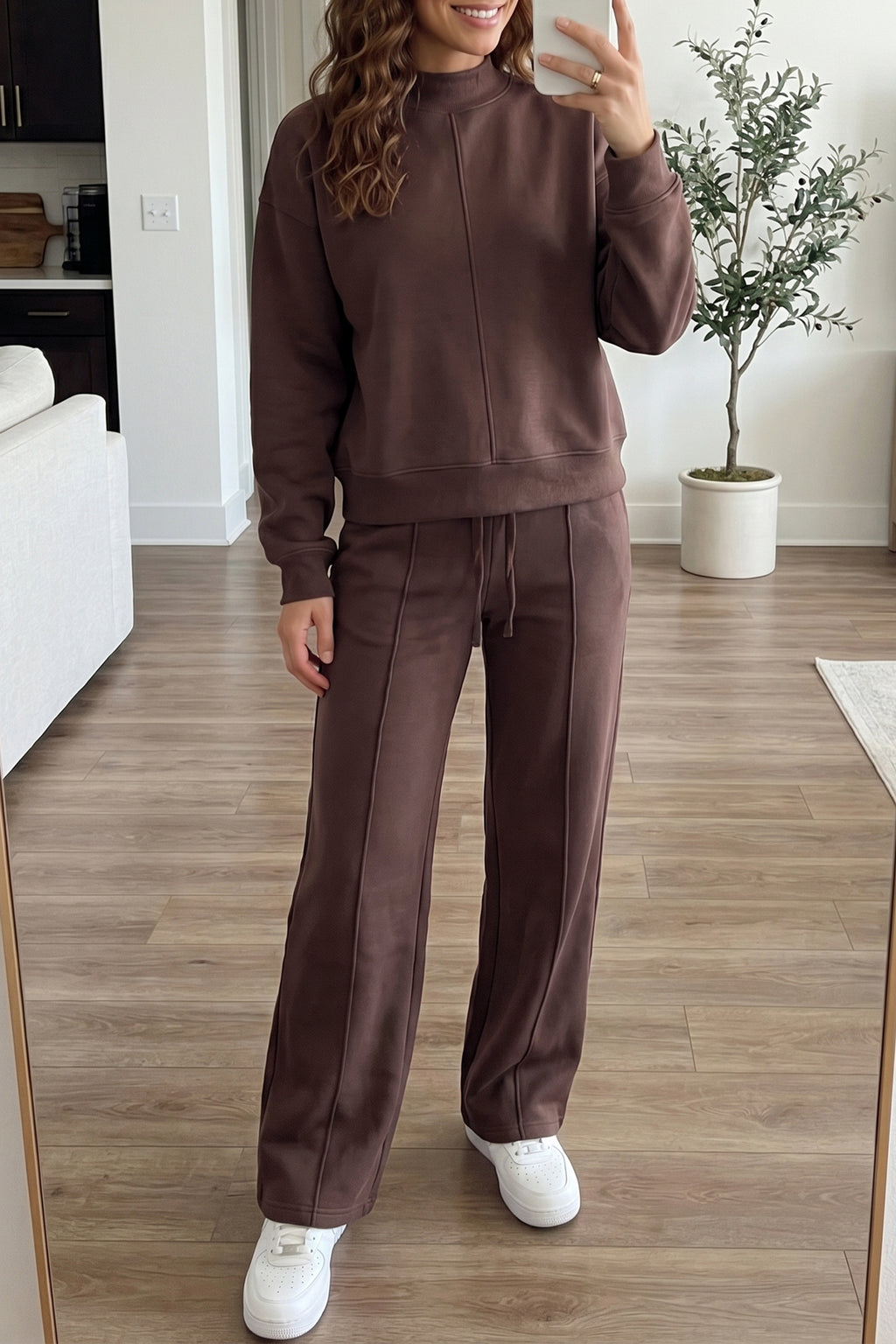 Coffee Solid Color Piping Trim Mock Neck Pullover Drawstring Pants Set 🇺🇸