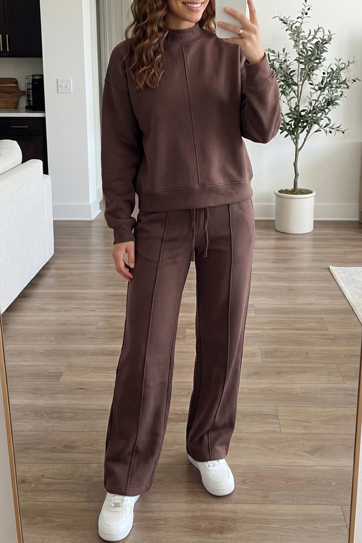Coffee Solid Color Piping Trim Mock Neck Pullover Drawstring Pants Set 🇺🇸