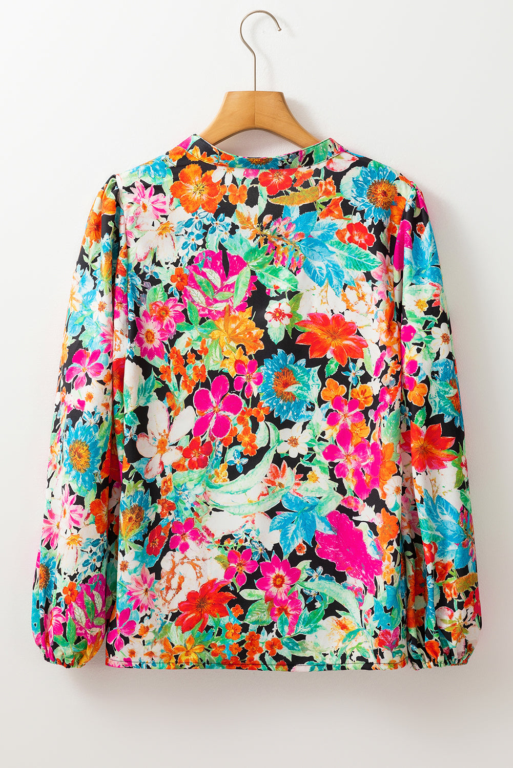 Multicolour Floral Print Bubble Sleeve V Neck Ruffled Blouse 🇺🇸