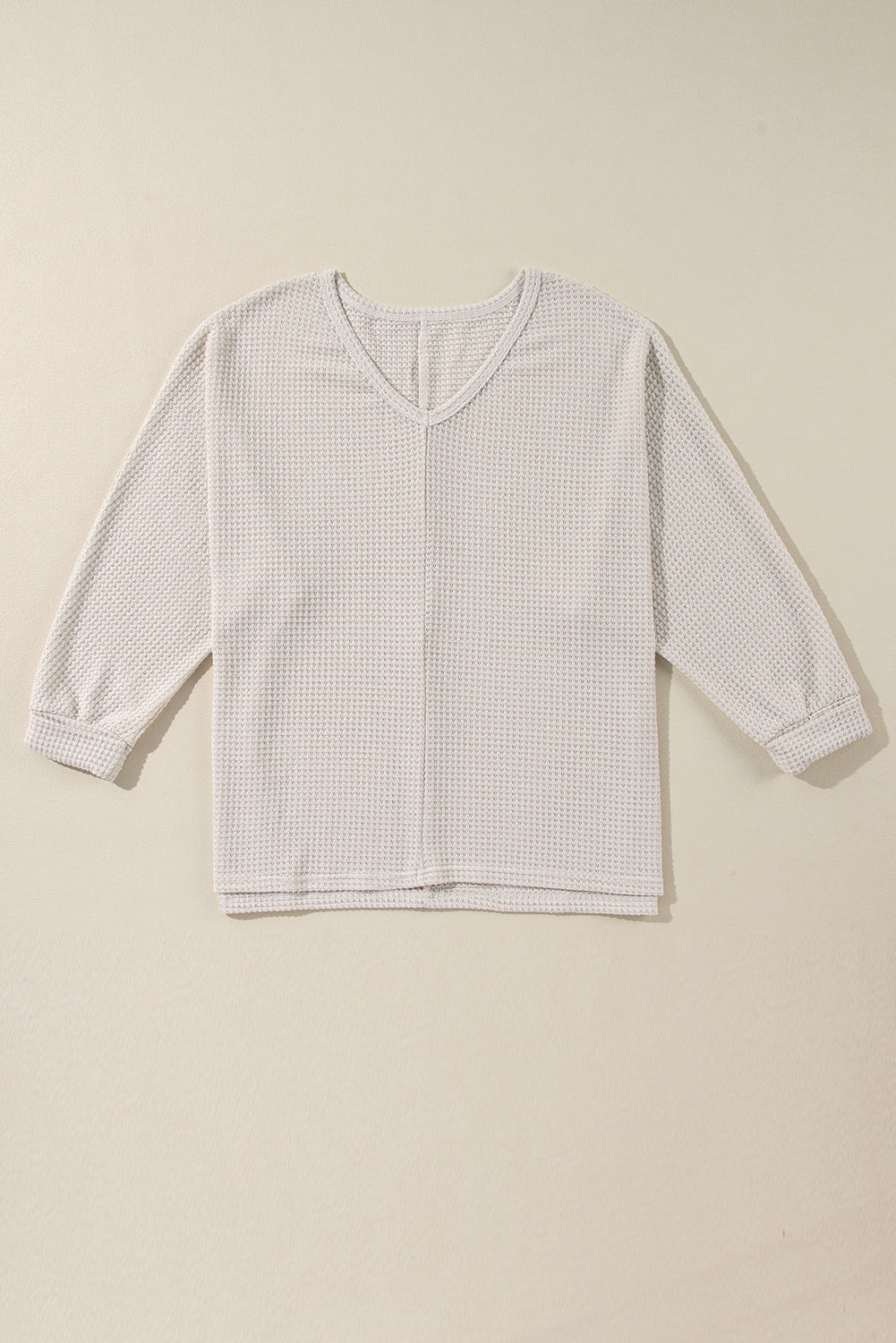 White Waffle Knit Side Slits Loose Fit V Neck Top 🇺🇲