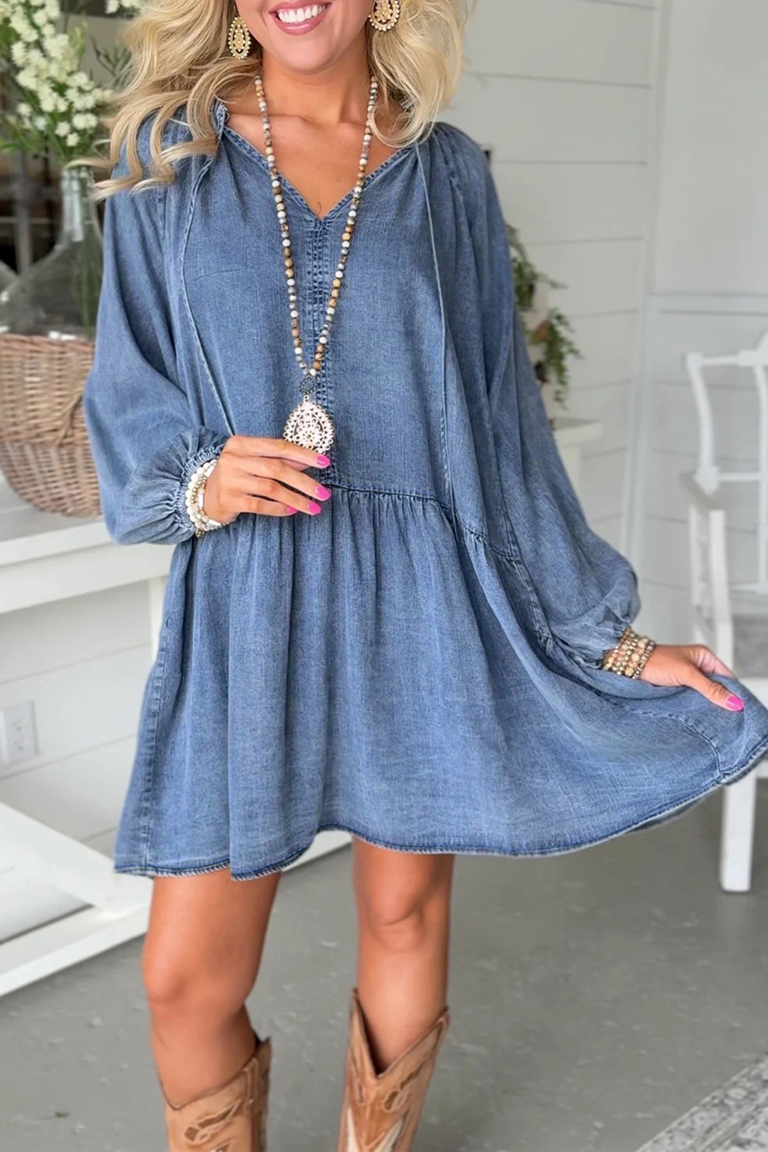Myosotis Puff Sleeve V Neck Ruffled Loose Denim Mini Dress 🇺🇸