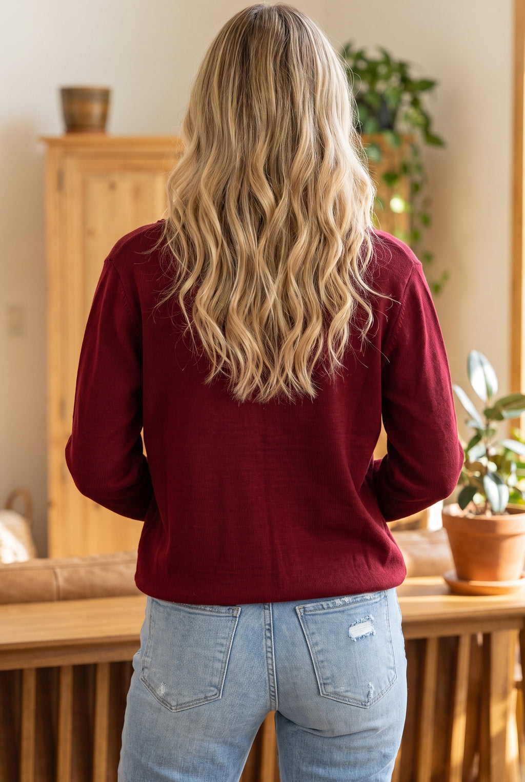 Burgundy Bow Pocket Collar Long Sleeve Knit Cardigan 🇺🇸