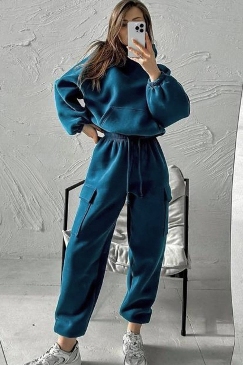 Peacock Blue Cozy Hooded Sweatshirt Drawstring Elastic Waistband Cargo Pant Set 🇺🇸