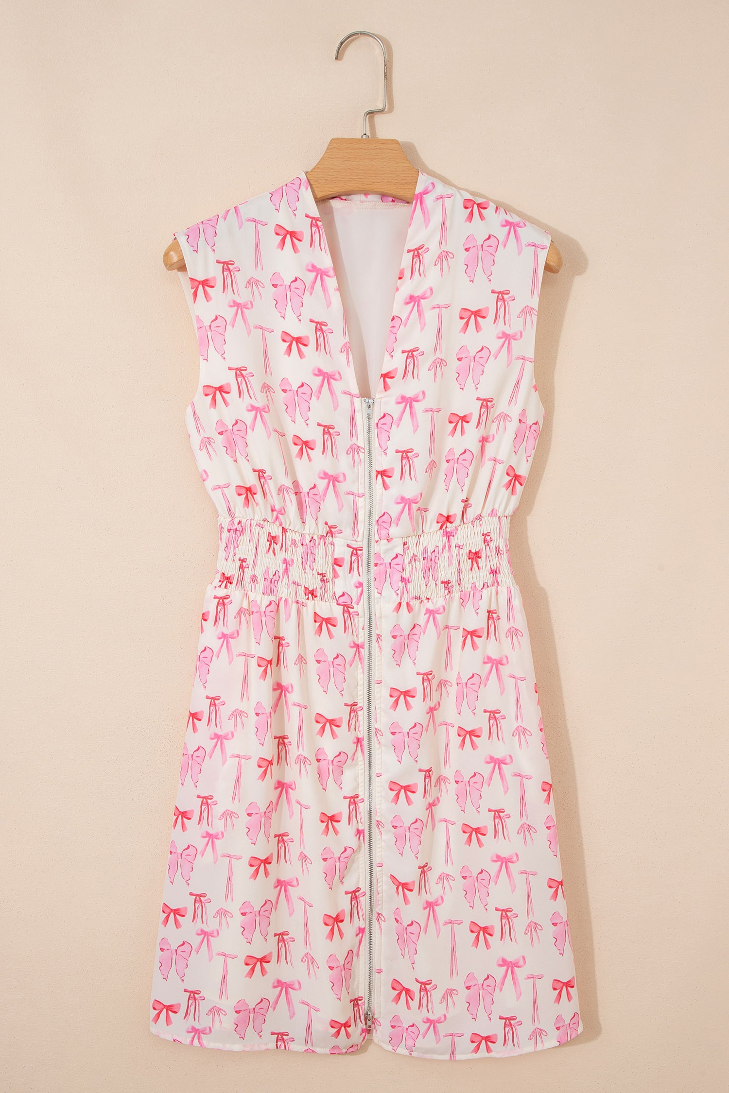 Pink Full Zip Cinched Waist Sleeveless Bow Mini Dress 🇺🇸
