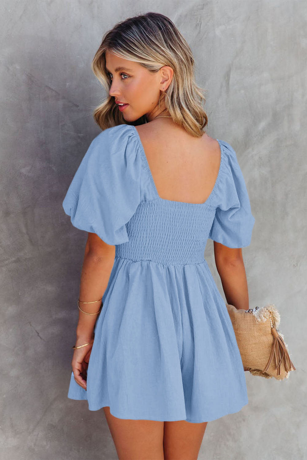 Sky Blue Brown Square Neck Ruched Puff Sleeve Romper 🇺🇸