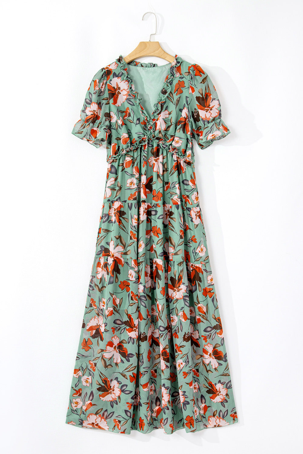 Green Fiery Floral Print Frilled V Neck Short Sleeve Maxi Dress 🇺🇸