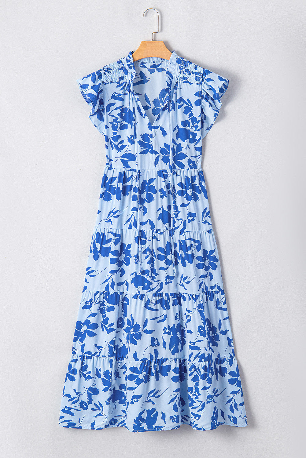 Sky Blue Floral Print Tiered Frilled Trim Flutter Sleeve Maxi Dress 🇨🇳
