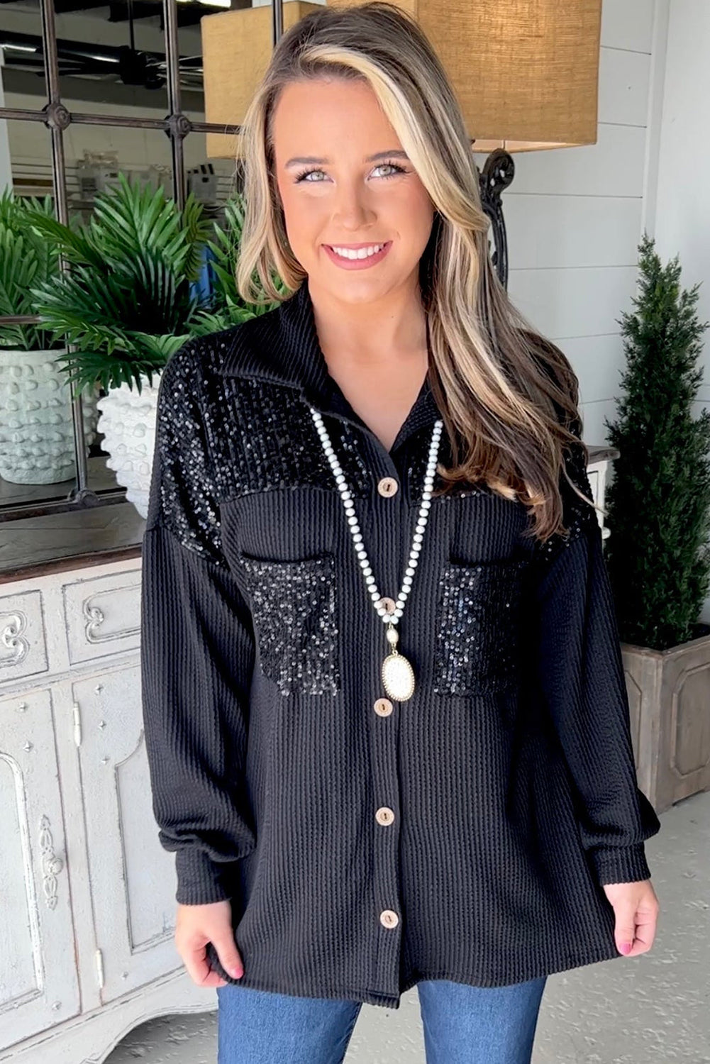 Black Sequin Patch Chest Pocket Corded Shacket 🇺🇲