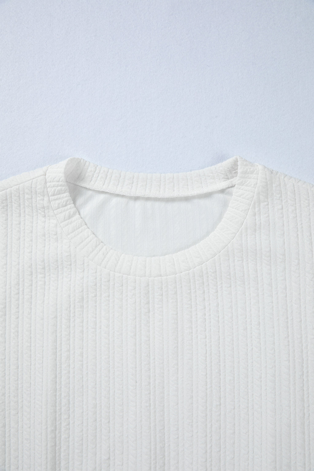 White Solid Color Textured Drop Shoulder Long Sleeve Peplum Top 🇺🇸