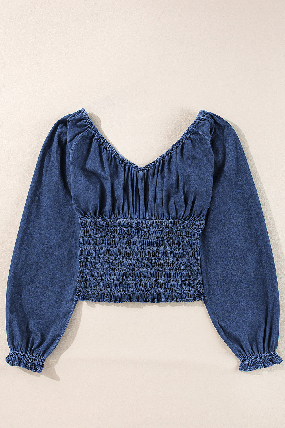 Dark Blue Smocked Ruffled Puff Sleeve V Neck Denim Blouse 🇨🇳