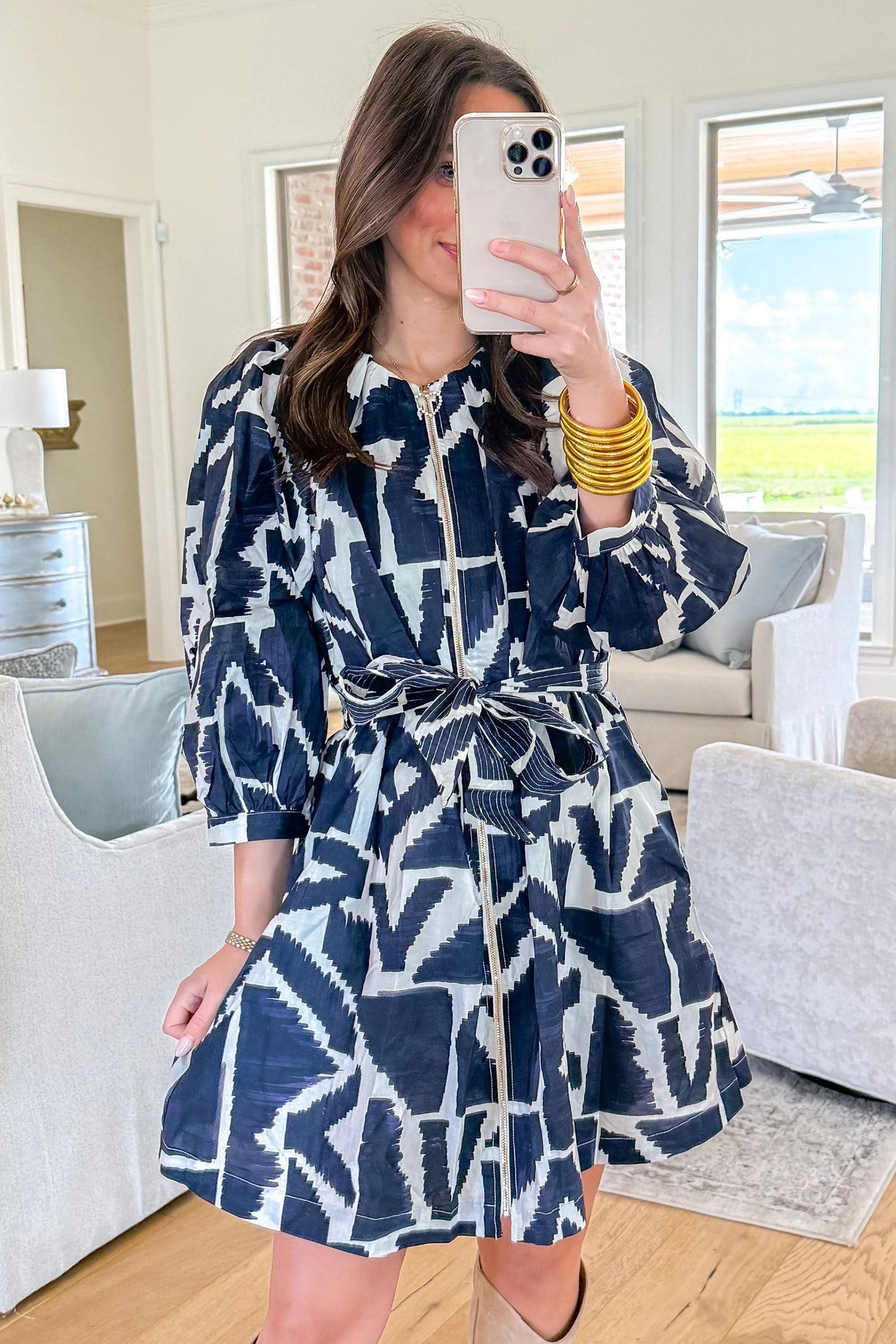 Blue Abstract Geometric Print Zip Front Tie Waist Shift Dress 🇺🇸