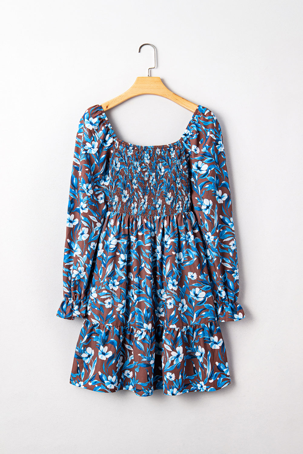Blue Smocked Bodice High Waist Ruffled Sleeve Floral Dress 🇺🇸