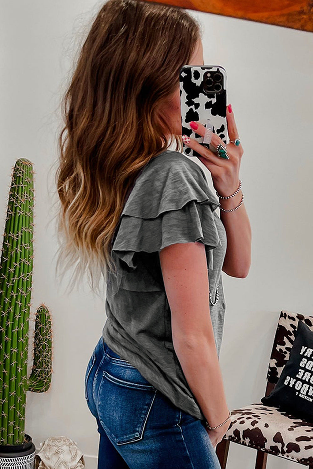 Dark Grey Layered Ruffle Short Sleeve Round Neck Top 🇨🇳