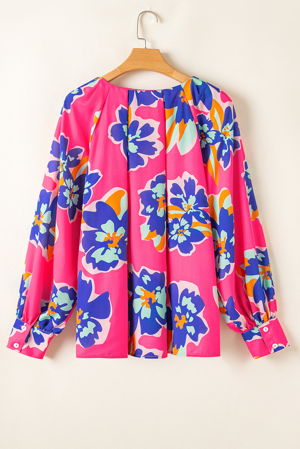 Rose Floral Pattern V Neck Balloon Sleeve Plus Size Blouse 🇨🇳