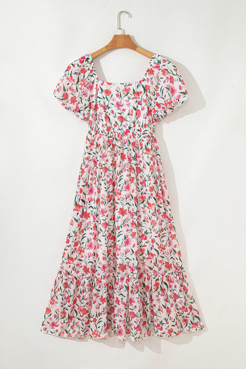 Pink Floral Puff Sleeve Square Neck Empire Waist Tiered Maxi Dress 🇨🇳