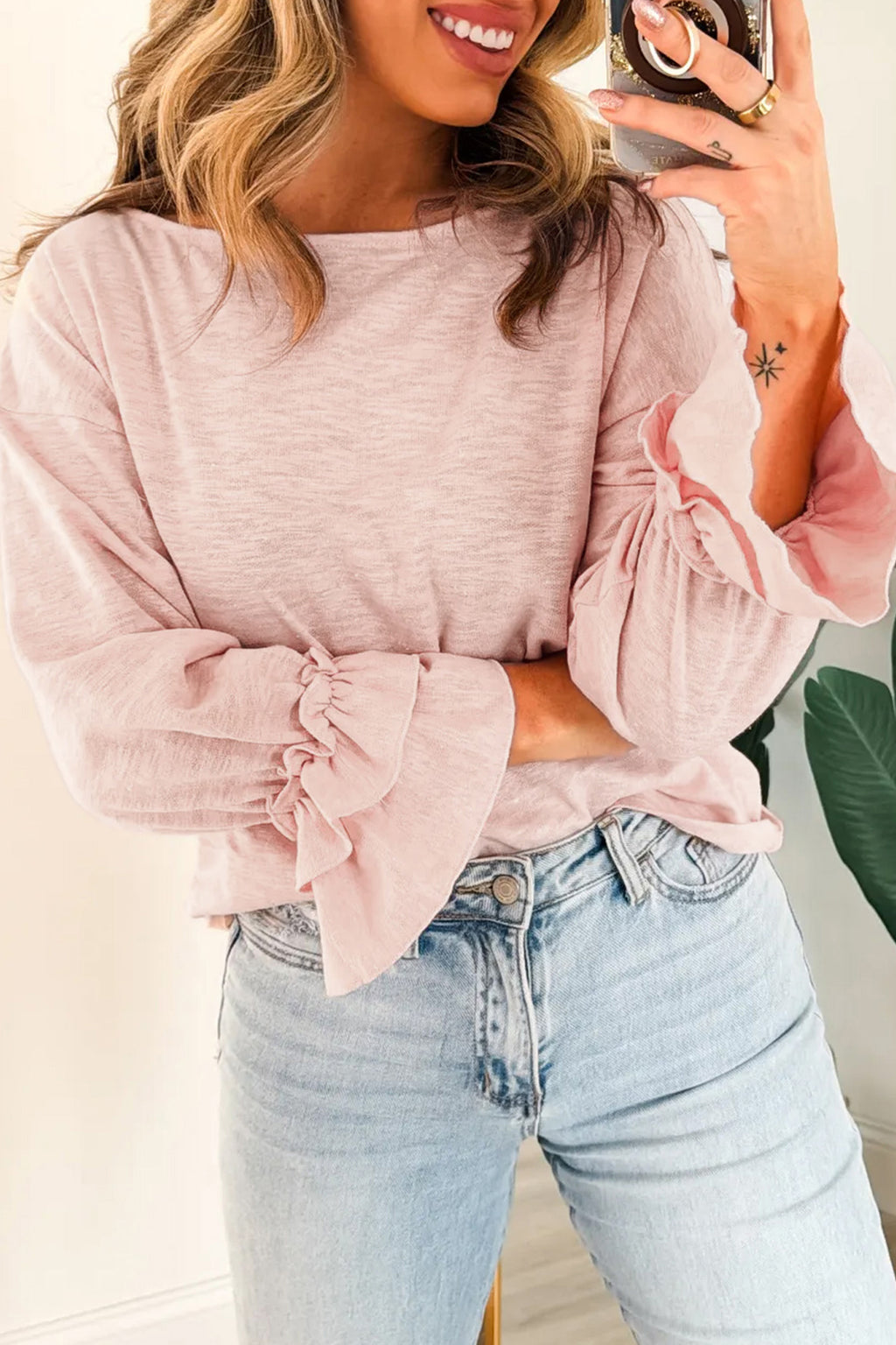 Gossamer Pink Ruffle Sleeve Long Sleeve Loose Pullover Top 🇬🇧