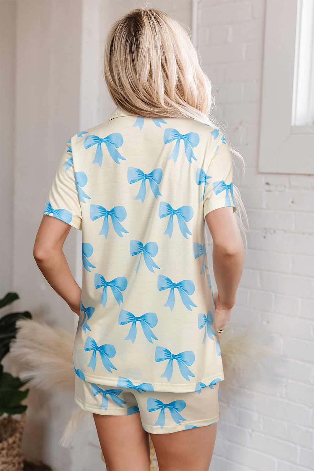 Yellow Bow Printed Short Sleeve Shirt Shorts Pajama Set 🇨🇳