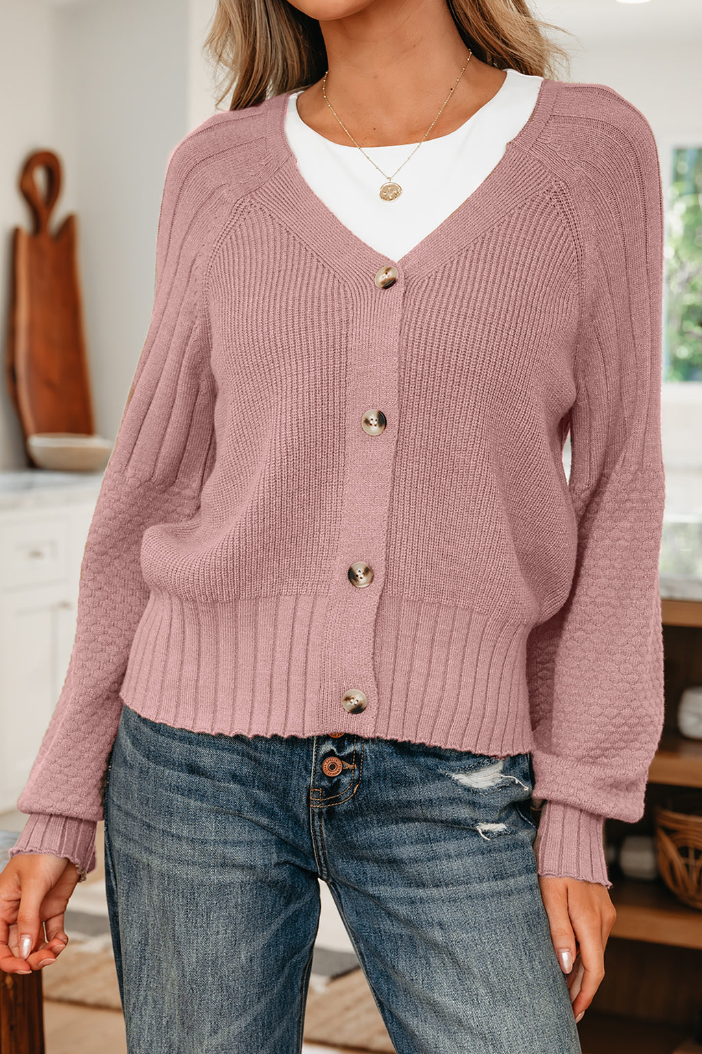 Light Pink Mixed Texture Knit Button V Neck Sweater Cardigan 🇺🇸