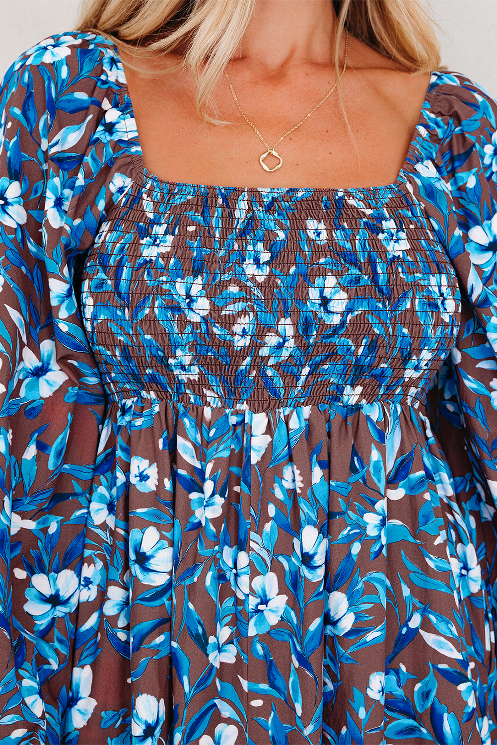 Blue Smocked Bodice High Waist Ruffled Sleeve Floral Dress 🇺🇸