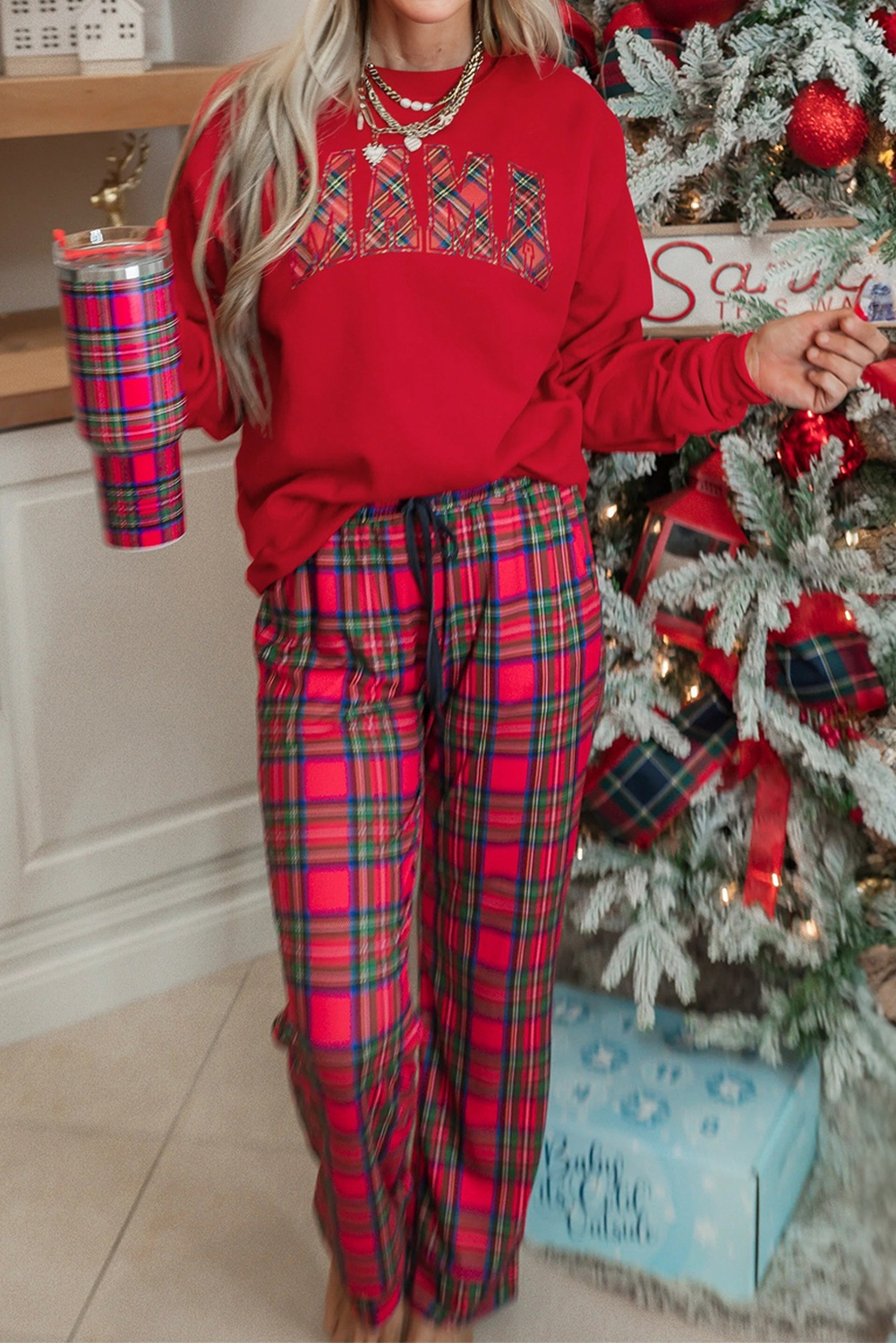 Red Plaid Mama Graphic Christmas Holiday Crewneck Pullover and Pants Two Piece Loungewear 🇺🇸