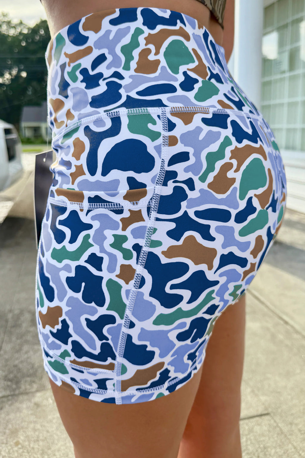 Blue Abstract Camo Printed Seam Detail Biker Shorts 🇺🇸