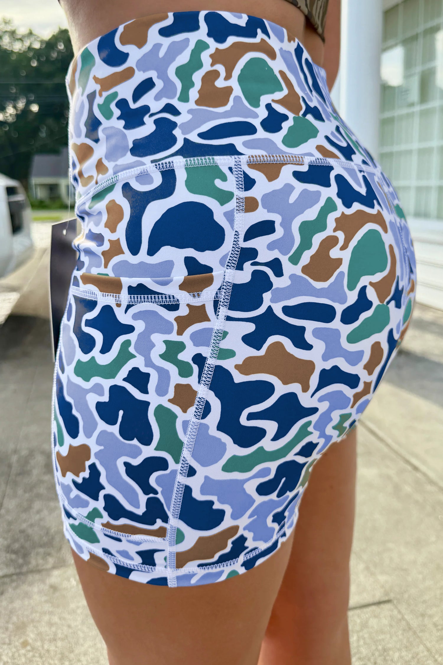 Blue Abstract Camo Printed Seam Detail Biker Shorts 🇺🇸