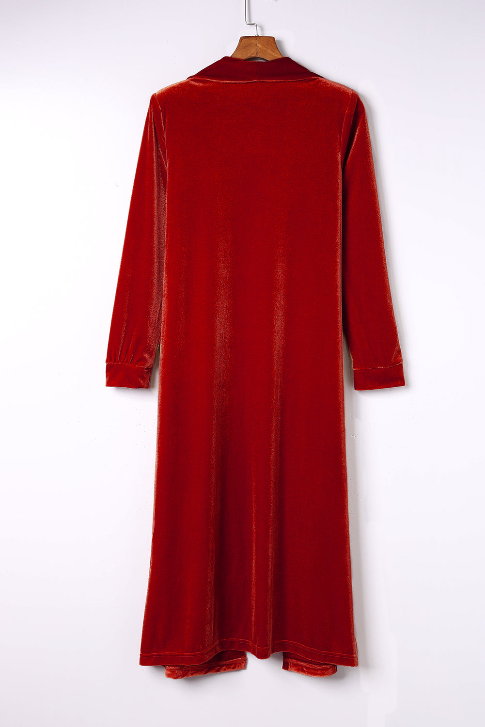 Fiery Red Velvet Open Front Pocketed Long Duster 🇨🇳