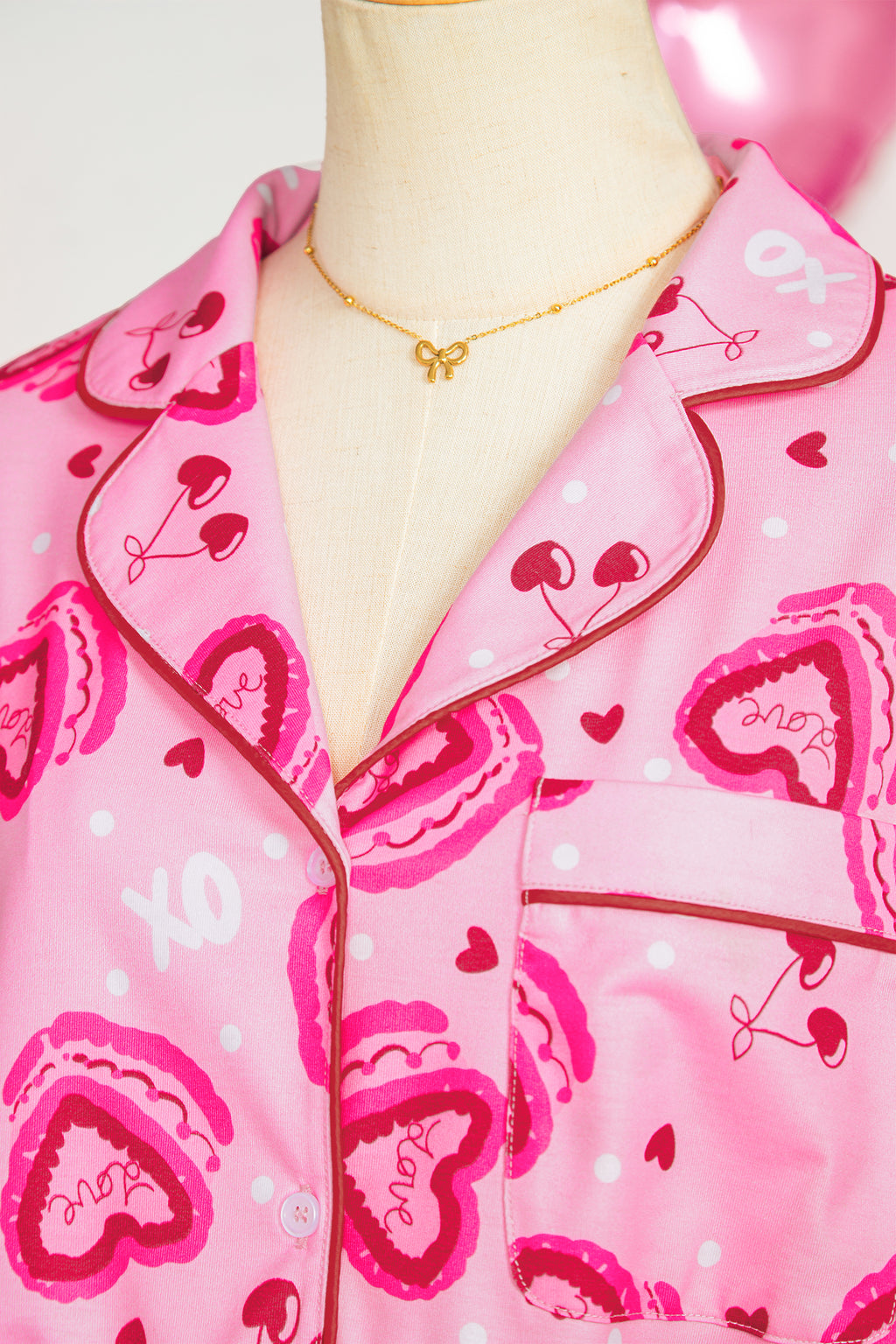 Pink Sweet Heart Cake Print Contrast Ruffle Trim Valentines 2pcs Pajama Set 🇺🇸