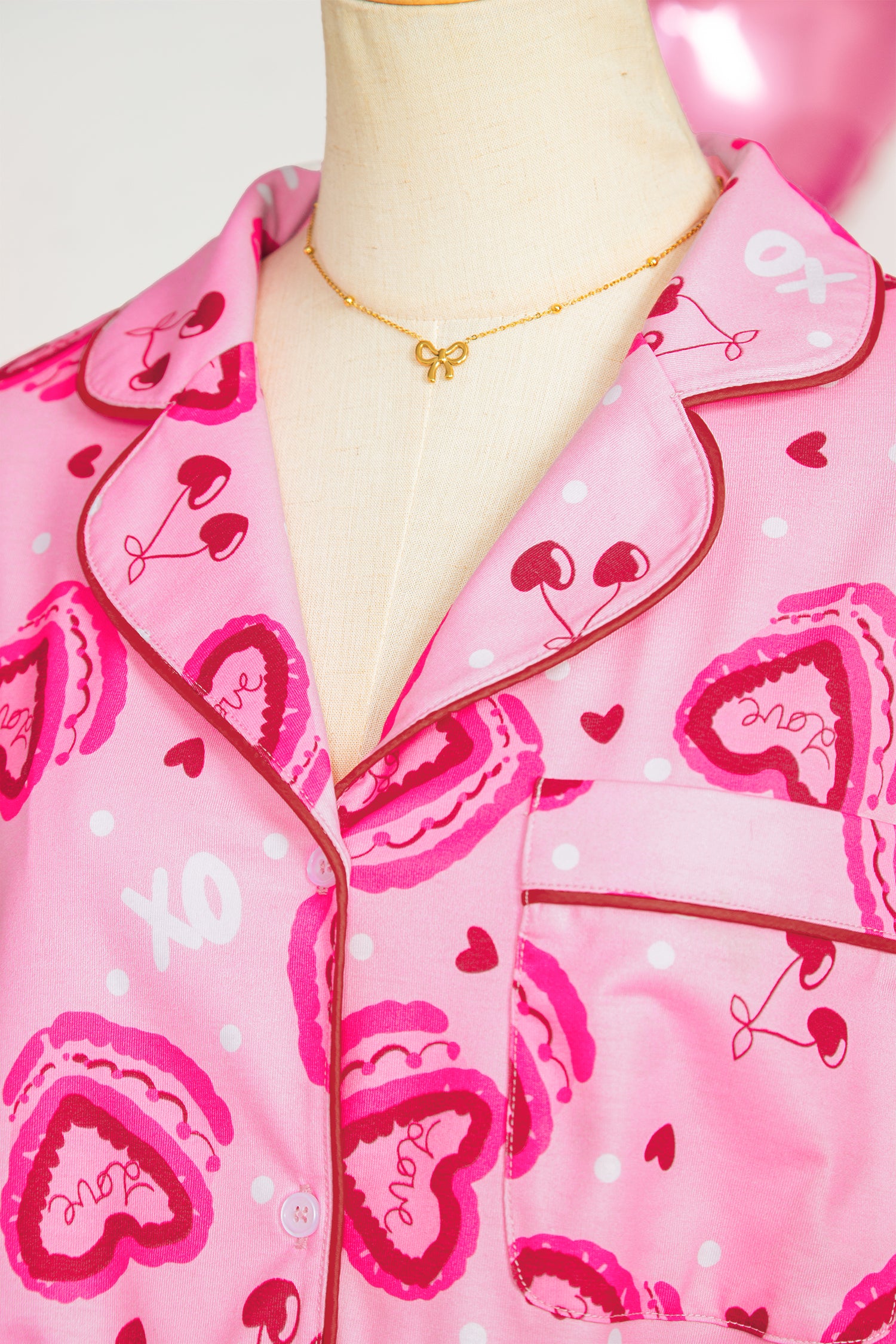 Pink Sweet Heart Cake Print Contrast Ruffle Trim Valentines 2pcs Pajama Set 🇺🇸