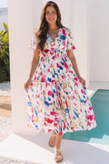 Rose Abstract Print Short Puff Sleeve Tiered Maxi Dress 🇺🇸