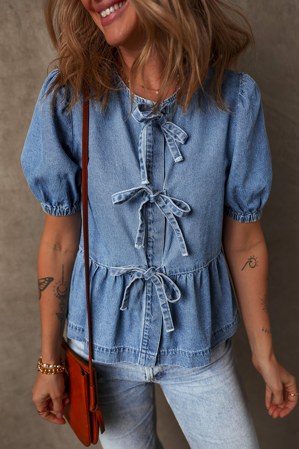 Dusk Blue Tied Front Bubble Sleeve Peplum Denim Shirt 🇨🇳