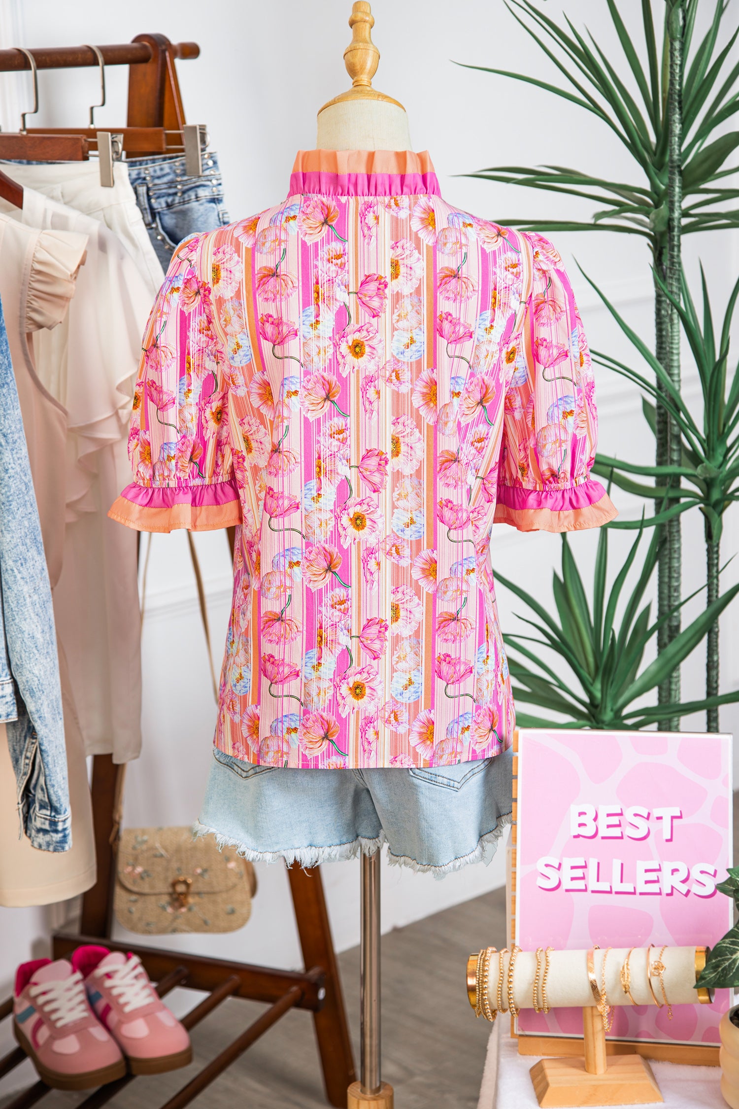 Pink Poppy Flower Striped Print Color Block Trim V Neck Short Sleeve Blouse 🇺🇸