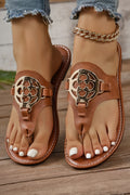Chestnut Metal Decor Leather Thong Slippers 🇨🇳