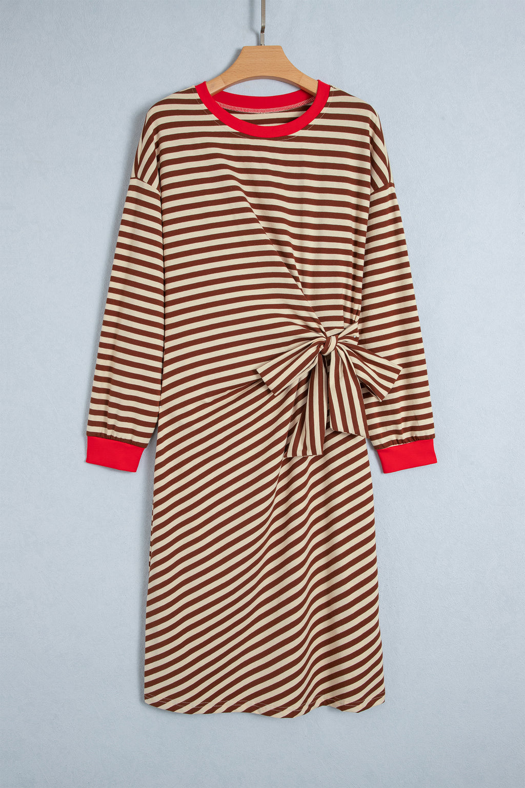 Brown Stripe Striped Colorblock Cuffs Round Neck Long Sleeve Shift Dress 🇺🇸