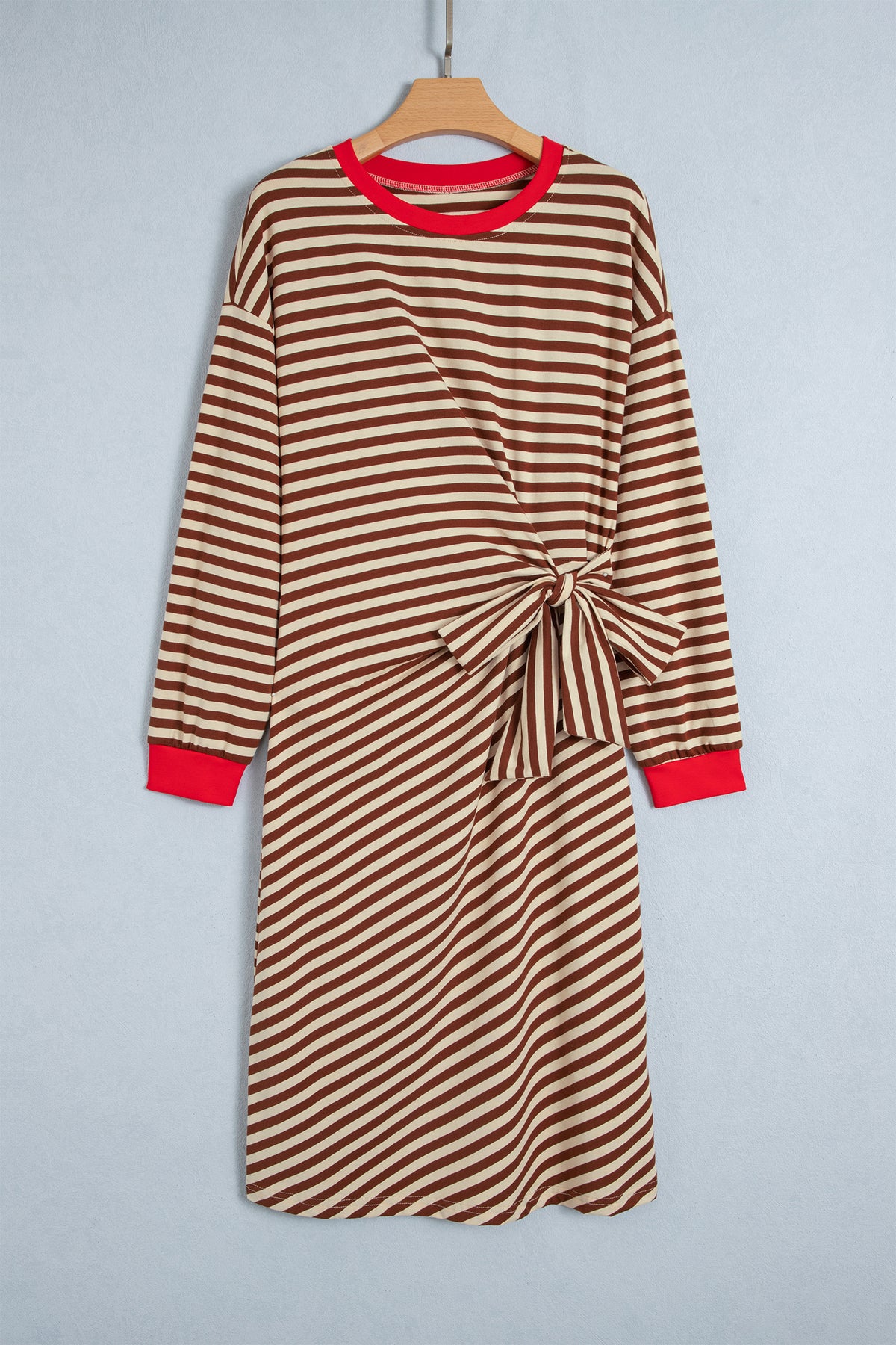 Brown Stripe Striped Colorblock Cuffs Round Neck Long Sleeve Shift Dress 🇺🇸