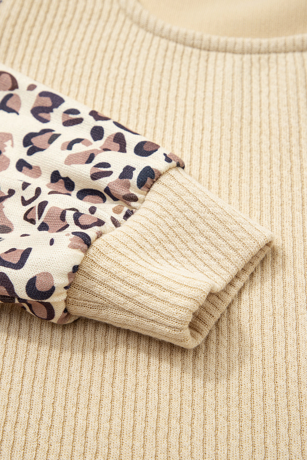 Apricot Leopard Sleeve Patchwork Ribbed Knit U Neck Top 🇺🇸