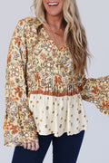 Yellow Printed Floral Bell Sleeve V Neck Wrapped Contrast Peplum Blouse 🇺🇸