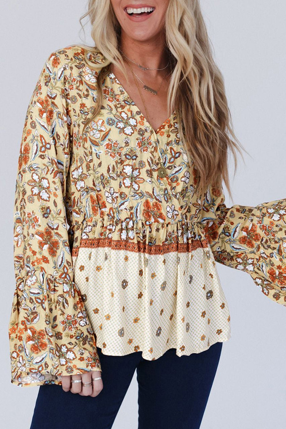 Yellow Printed Floral Bell Sleeve V Neck Wrapped Contrast Peplum Blouse 🇺🇸