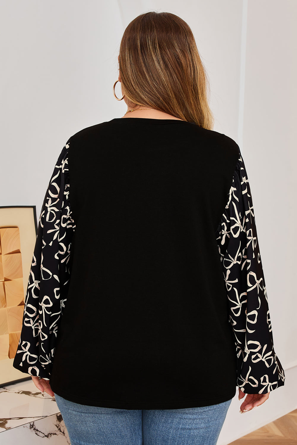 Black Bow Knot Patchwork Crewneck Plus Size Blouse 🇺🇸