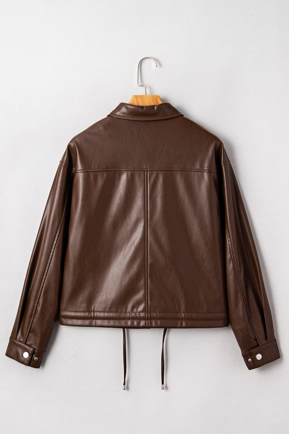Chicory Coffee Double Flap Pocket Drawstring Hem Leather Jacket 🇺🇸