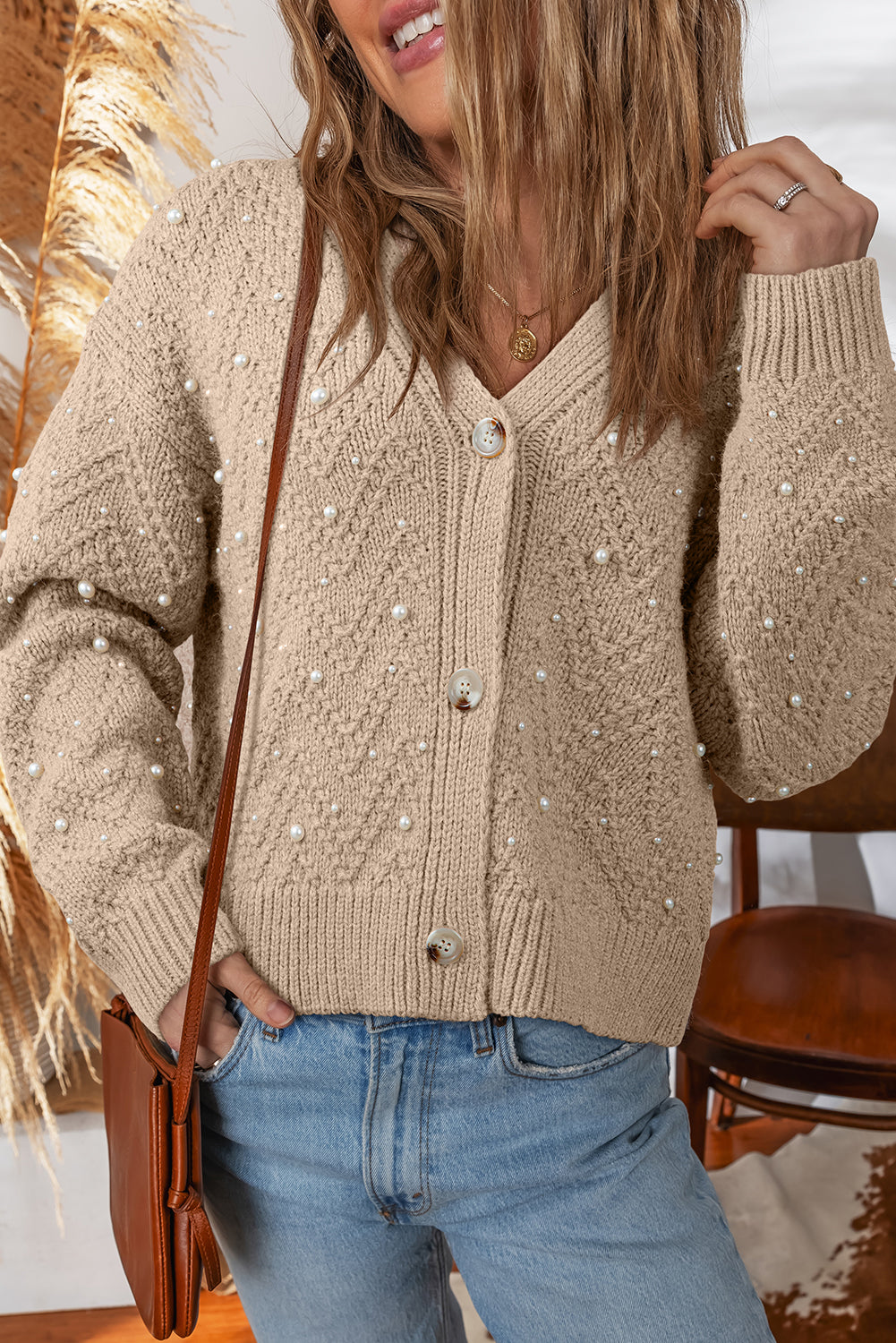 Smoke Gray Pearl Embellished Button Front V Neck Sweater Cardigan 🇺🇸