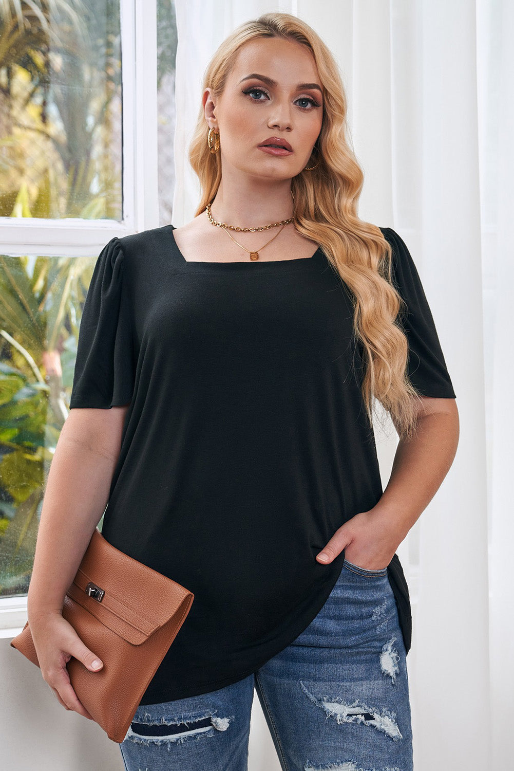 Black Plus Size Square Neck Ruched Shoulder Short Sleeve Top 🇺🇸