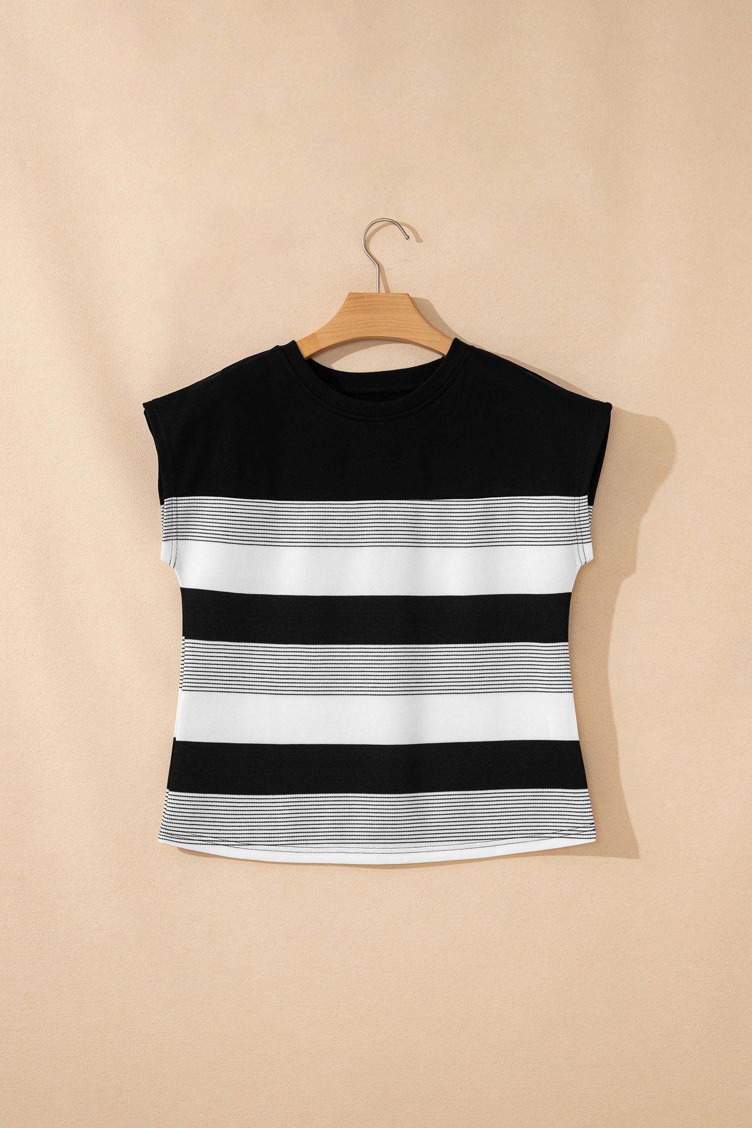 Black Stripe Mixed Print Crew Neck Cap Sleeve T Shirt 🇺🇸