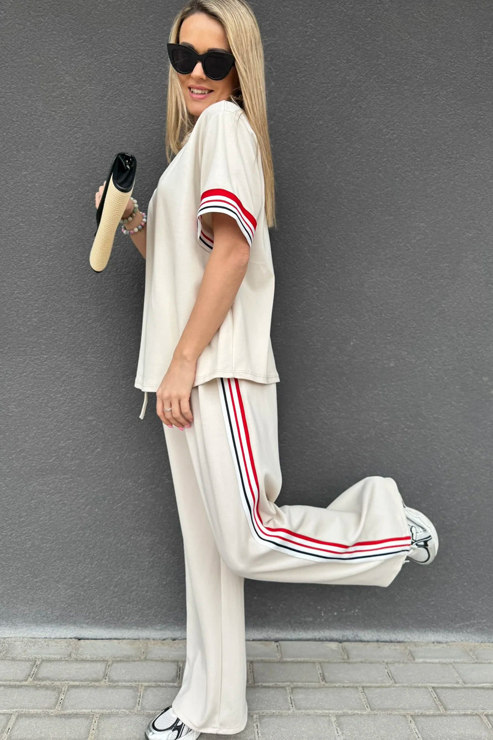 Jet Stream Contrast Striped Trim Crewneck T Shirt Loose Straight Pants Set 🇺🇸