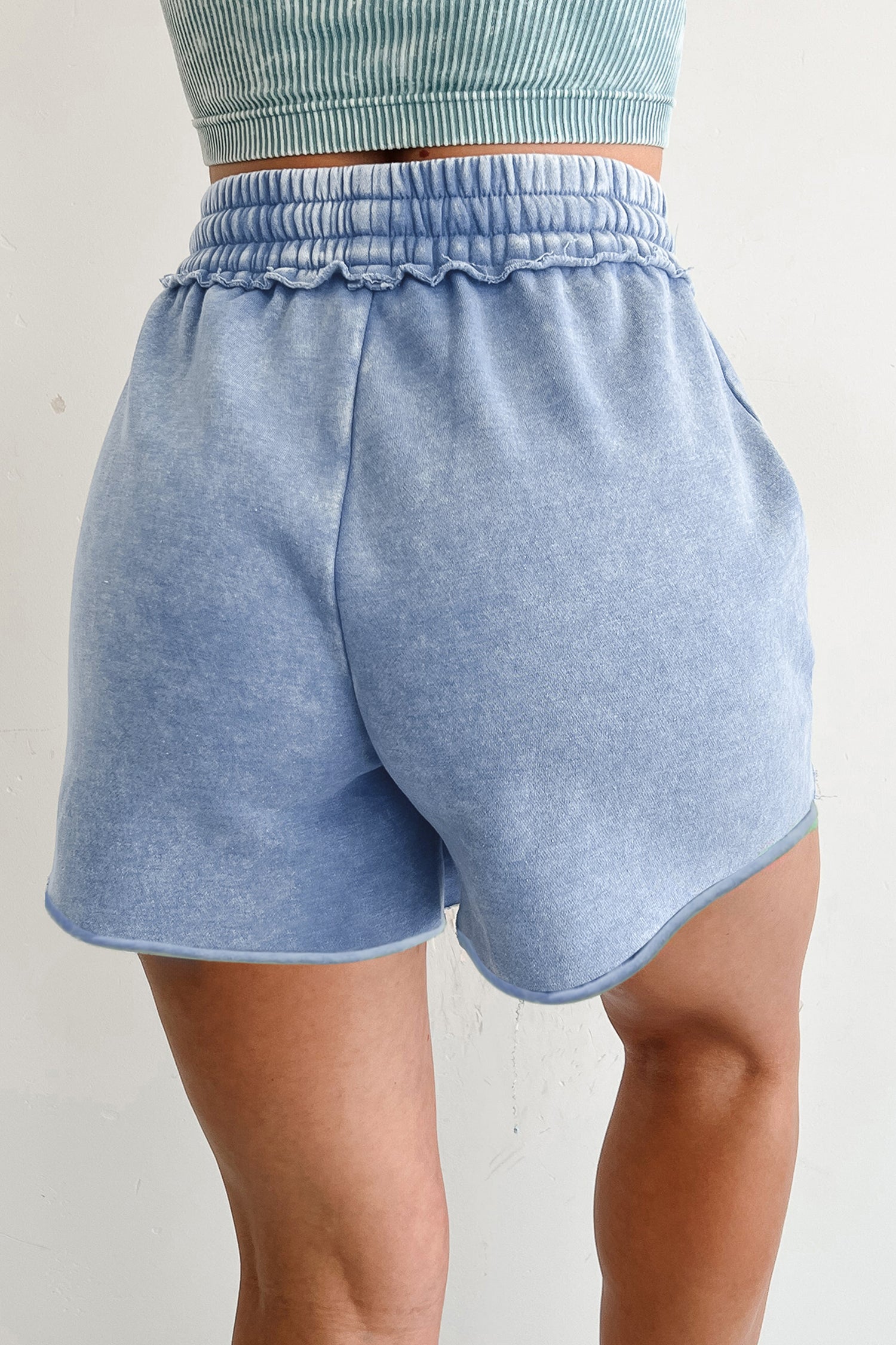 Sky Blue Mineral Washed Drawstring Elastic Waist Raw Cut Shorts 🇺🇸