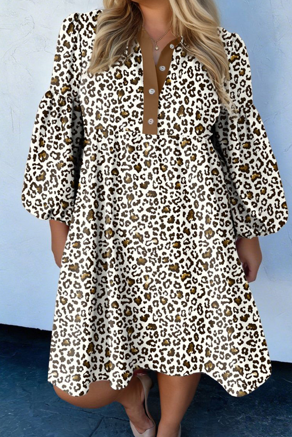 Khaki Plus Size Button V Neck Leopard Print Puff Sleeve Loose Mini Dress 🇺🇸