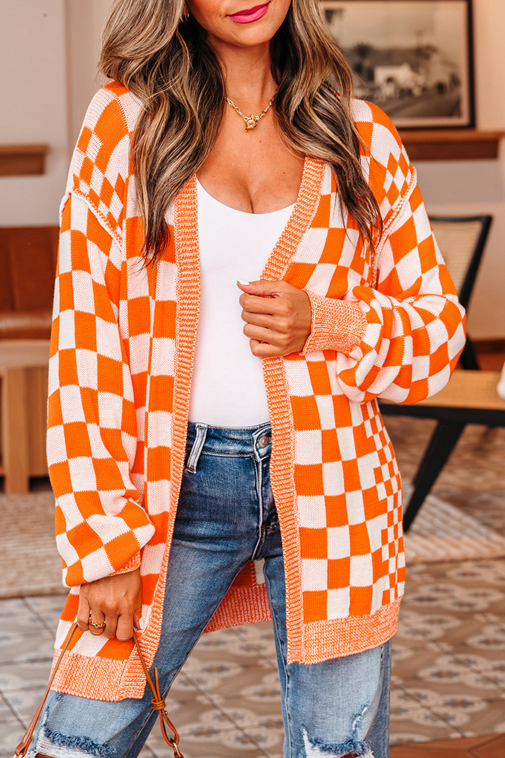 Orange Checkered Open Front Drop Shoulder Cardigan 🇺🇸